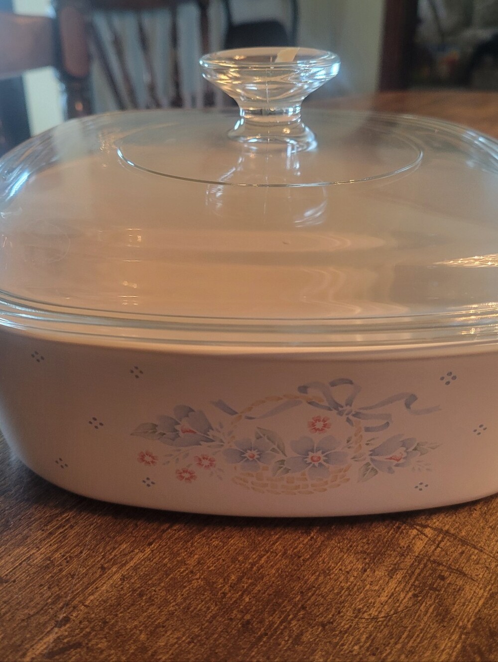 White Floral Covered Casserole Dish with Clear Glass Lid